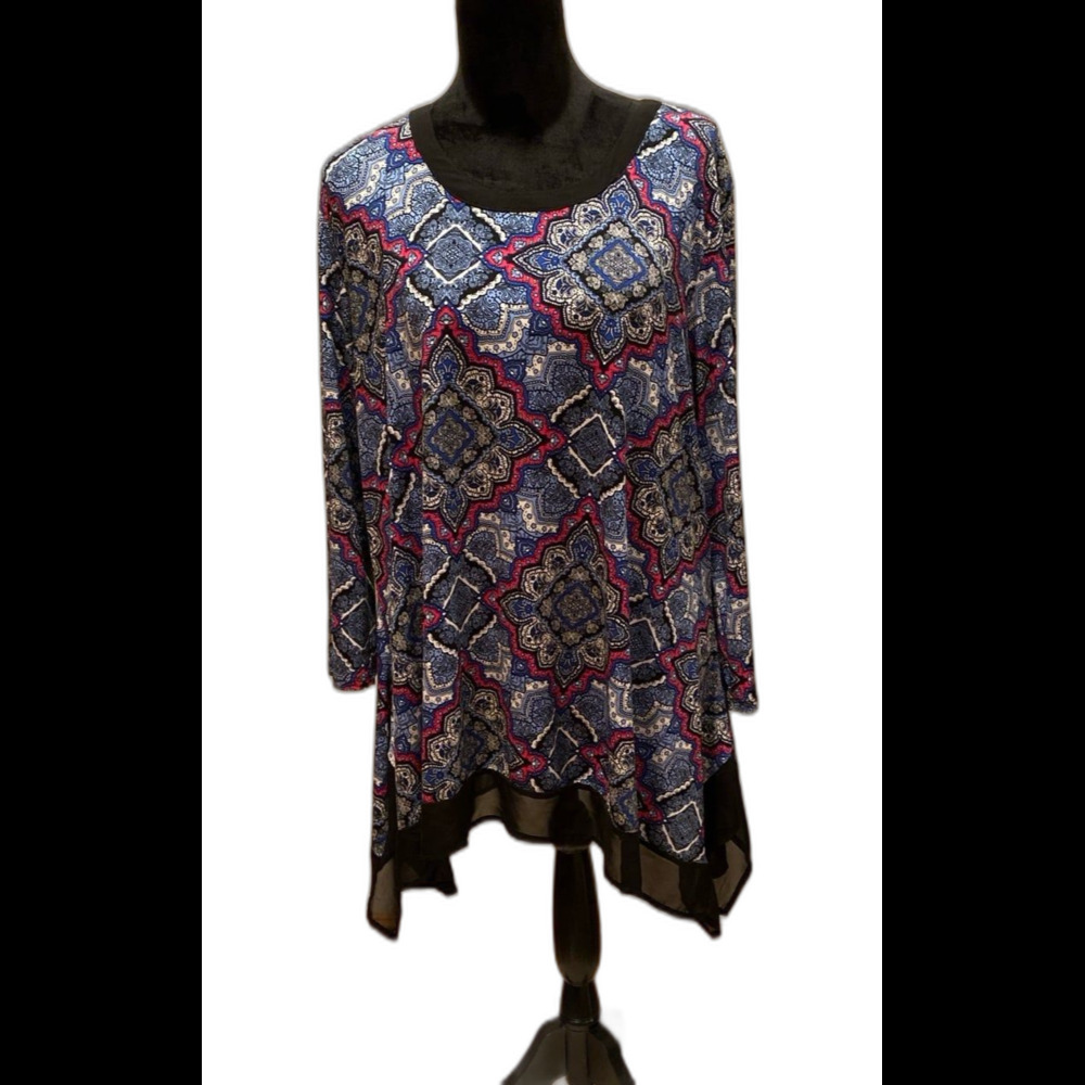 Cato Plus Top Blouse Size XL‎ Blue Magenta Pattern Scarf Hem Stretchy Round Neck